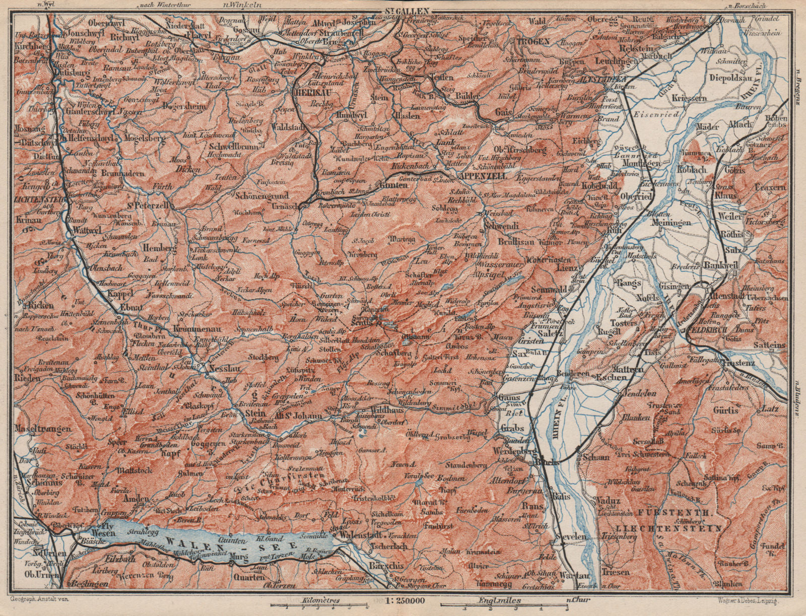 APPENZELL CANTON. Wildhaus Unterwasser St. Gallen Trogen Walensee 1897 old map